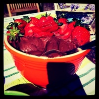 Some healthy strawberries atop a few pounds of chocolate!